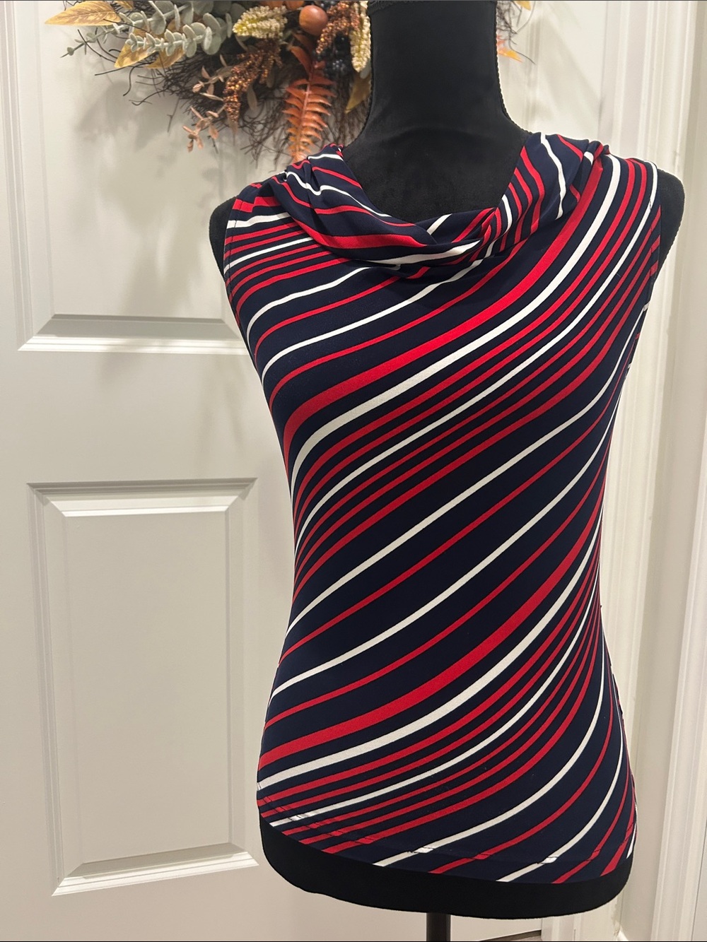 Chaps Women’s Red White and Blue Striped Cowl Neck Sleeveless Top Size XS EUC
